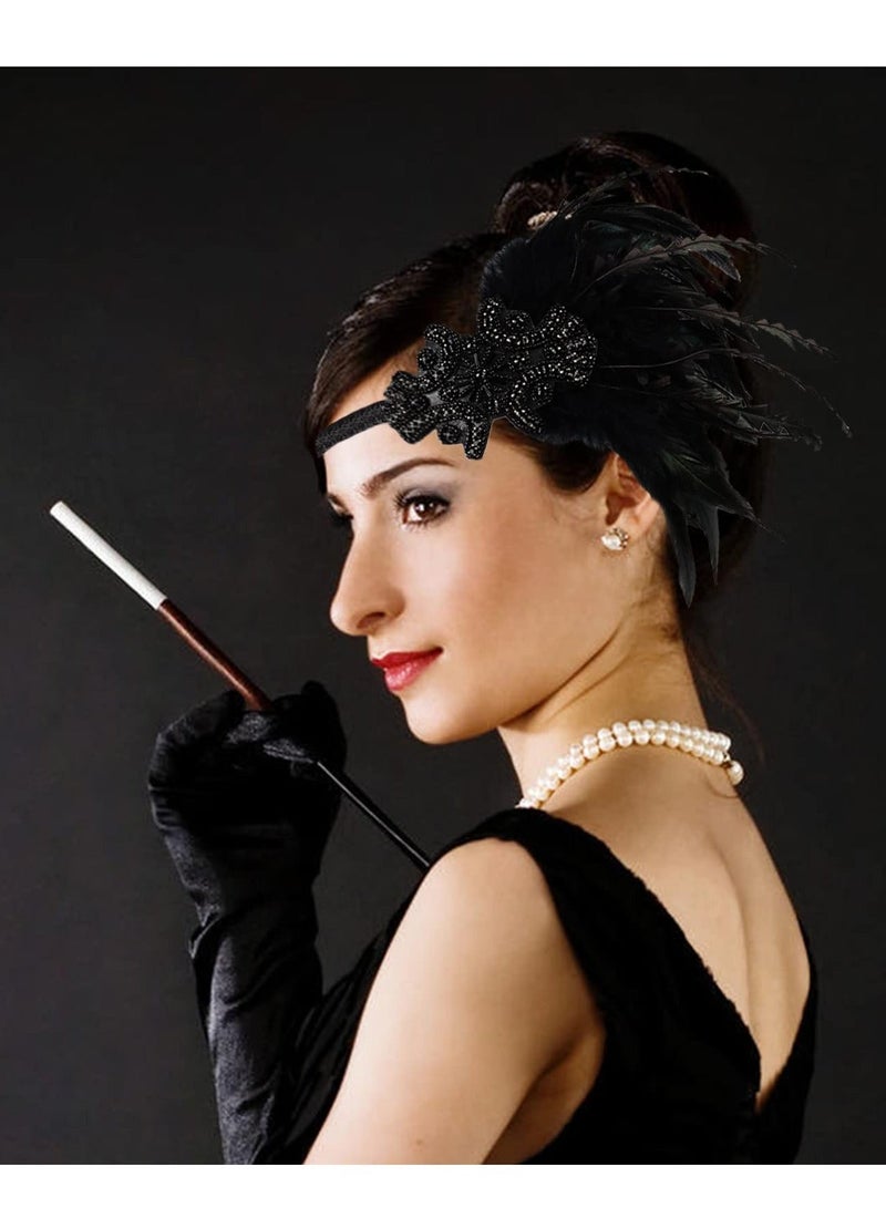 1920s Accessories Flapper Gatsby Costume Women Set 20s Headband Pearl Necklace Gloves Lace Fan Holder, Black - Image 3